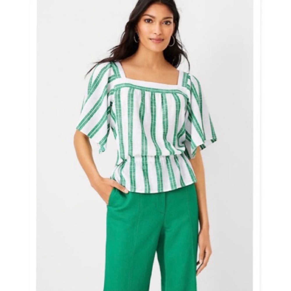 NWOT ANN TAYLOR STRIPED SQUARE NECK CINCHED WAIST TOP LARGE SIZE